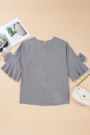 Black Plus Size Plaid Bow Decor Bell Sleeve Round Neck Jumper