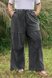Black Plus Size Mineral Wash Exposed Seam Patchwork Drawstring Loose Pants