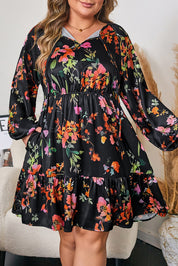 Black Plus Size Floral Print Tie Neck Cinched Waist Long Sleeve Mini Dress