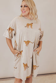 Apricot Plus Size Cheetah Print Side Pockets T Shirt Mini Dress