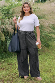 Black Plus Size Mineral Wash Exposed Seam Patchwork Drawstring Loose Pants