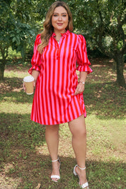 Rose Stripe Frilled Collar Button Neck Short Sleeve Curvy Mini Dress