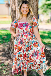 White Floral Square Neck Puff Sleeve Flowy Plus Size Midi Dress