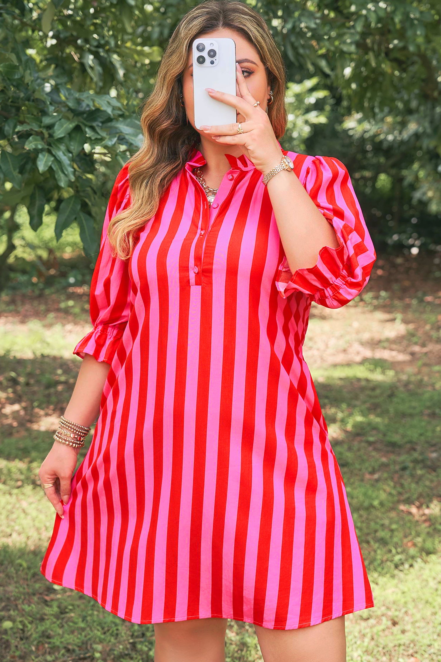 Rose Stripe Frilled Collar Button Neck Short Sleeve Curvy Mini Dress