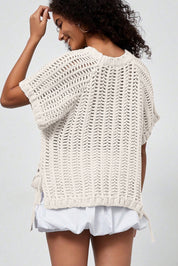 White Plus Size Open Knit Bow Tie Short Sleeve Sweater