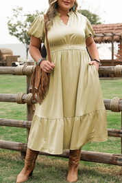 Laurel Green Notched V Neck Puff Sleeve Tiered Plus Size Maxi Dress