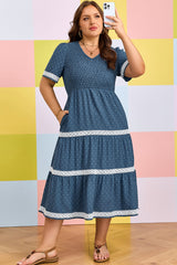 Dusk Blue Plus Size V Neck Swiss Dot Lace Patchwork Detail Flared Midi Dress