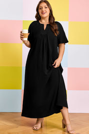 Black Plus Size Solid Color Notched Neck Short Sleeve Loose Dress