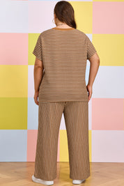Khaki Stripe Plus Size Striped Colorblock Pocket Lounge Set