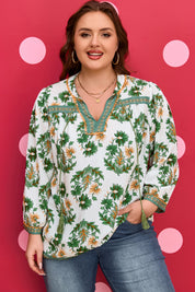 Green Plus Size Floral Printed Contrast Patchwork Detail Tassel Tie 3/4 Sleeve Blouse