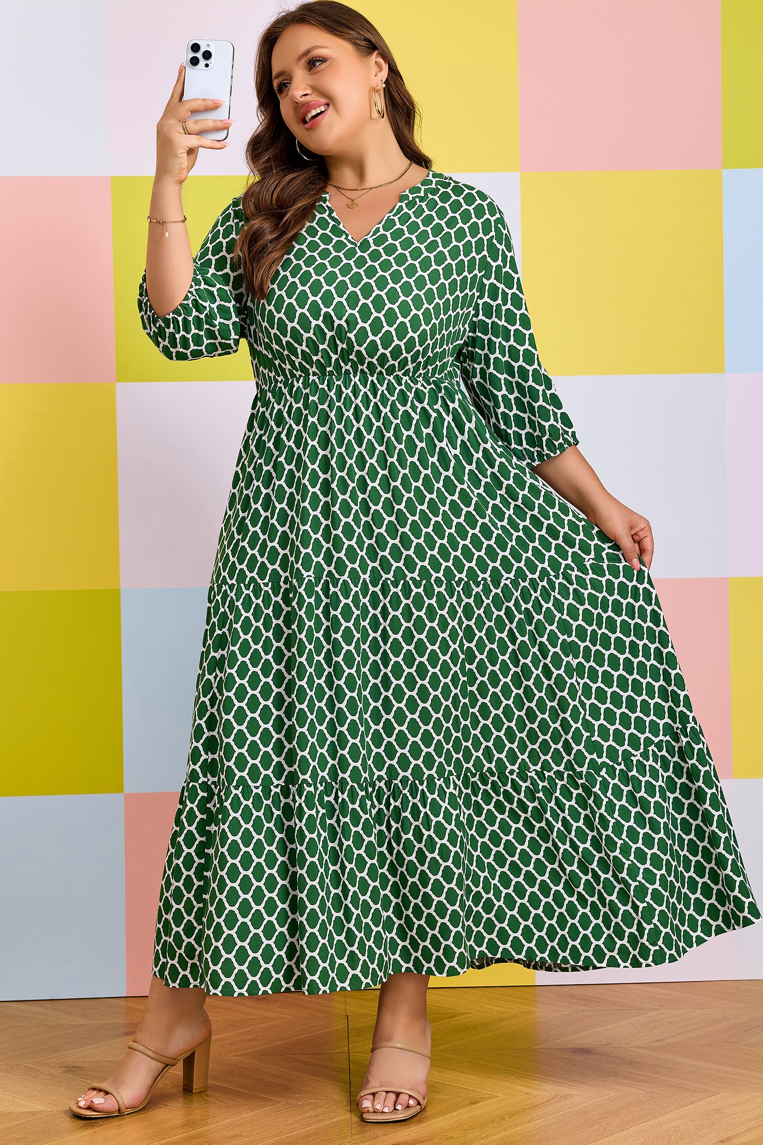 Green Plus Size Geometric Print Pocketed Ruffle Hem Casual Dress