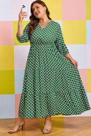 Green Plus Size Geometric Print Pocketed Ruffle Hem Casual Dress