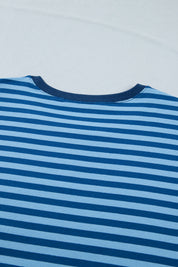 Blue Stripe Plus Size Dropped Shoulder Tee and Shorts Two-Piece Set