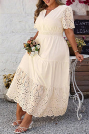 Apricot Plus Size V Neck Lacy Embroidery Patchwork Short Sleeve Maxi Dress