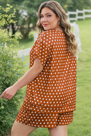 Brown Polka Dot Print Dropped Shoulder Tee Plus Size Short Set