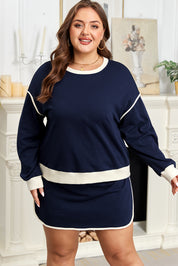 Navy Blue Plus Color Block Drop Shoulder Top and Lace-up Skirt Outfit