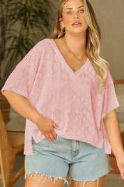 White Pointelle Rhombus Knit Plus Size V Neck Loose Top