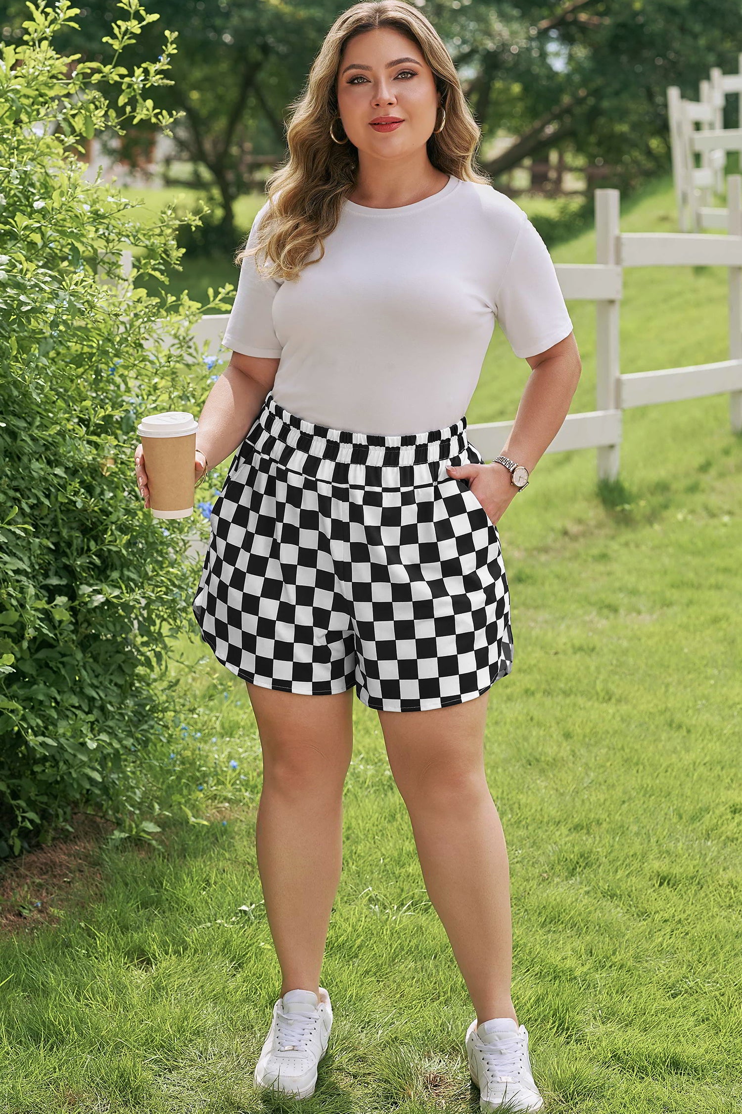 Black Plus Size Checkered Athleisure Shorts