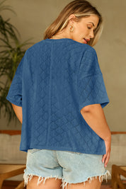 White Pointelle Rhombus Knit Plus Size V Neck Loose Top