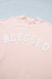 Light Pink BLESSED Embroidered Trim Patch Graphic Plus Size Mock Neck Sweatshirt