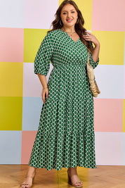 Green Plus Size Geometric Print Pocketed Ruffle Hem Casual Dress