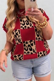 Green Plus Size Leopard Contrasted Checkered Short Sleeve Sweater