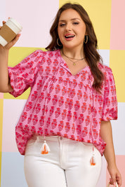 Pink Plus Size Floral Print Tassel Tie Puff Sleeve Cotton Blouse