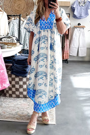 Sky Blue  Plus Size Floral Print Contrast Boho Patchwork V Neck Loose Midi Dress