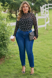 Black Plus Size Mock Neck Polka Dot Long Sleeve Mesh Top