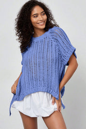 White Plus Size Open Knit Bow Tie Short Sleeve Sweater
