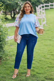 Light Blue Textured Bodice Contrast Floral Sleeve Plus Size Top