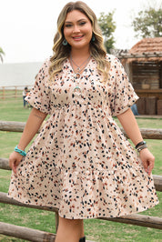 Beige Printed Surplice V Neck Cuffed Sleeve Empire Waist Plus Size Dress