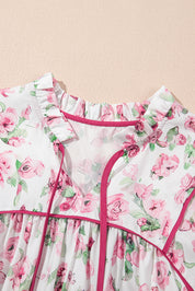 Pink Floral Split Neck Short Sleeve Loose Plus Size Mini Dress
