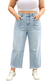 Beau Blue Plus Size Seam Detail Patch Pocket Raw Cut Shift Jeans