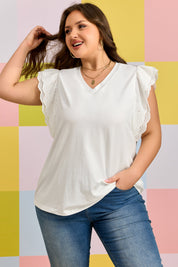 White Eyelet Crochet Splicing Short Sleeve Plus Size Tee