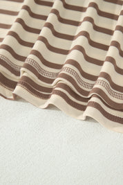 Brown Stripe Plus Size Half Buttons Top and Shorts Set