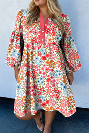 Pink Plus Size Button V Neck Leopard Print Puff Sleeve Loose Mini Dress