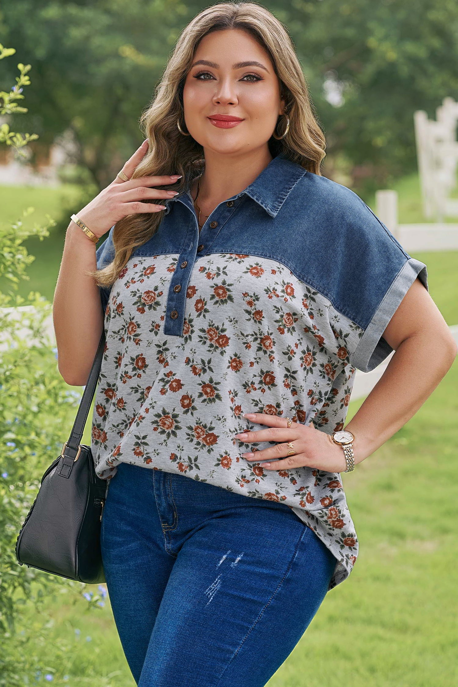 Gray Retro Floral Print Denim Patchwork Plus Size Polo Tee