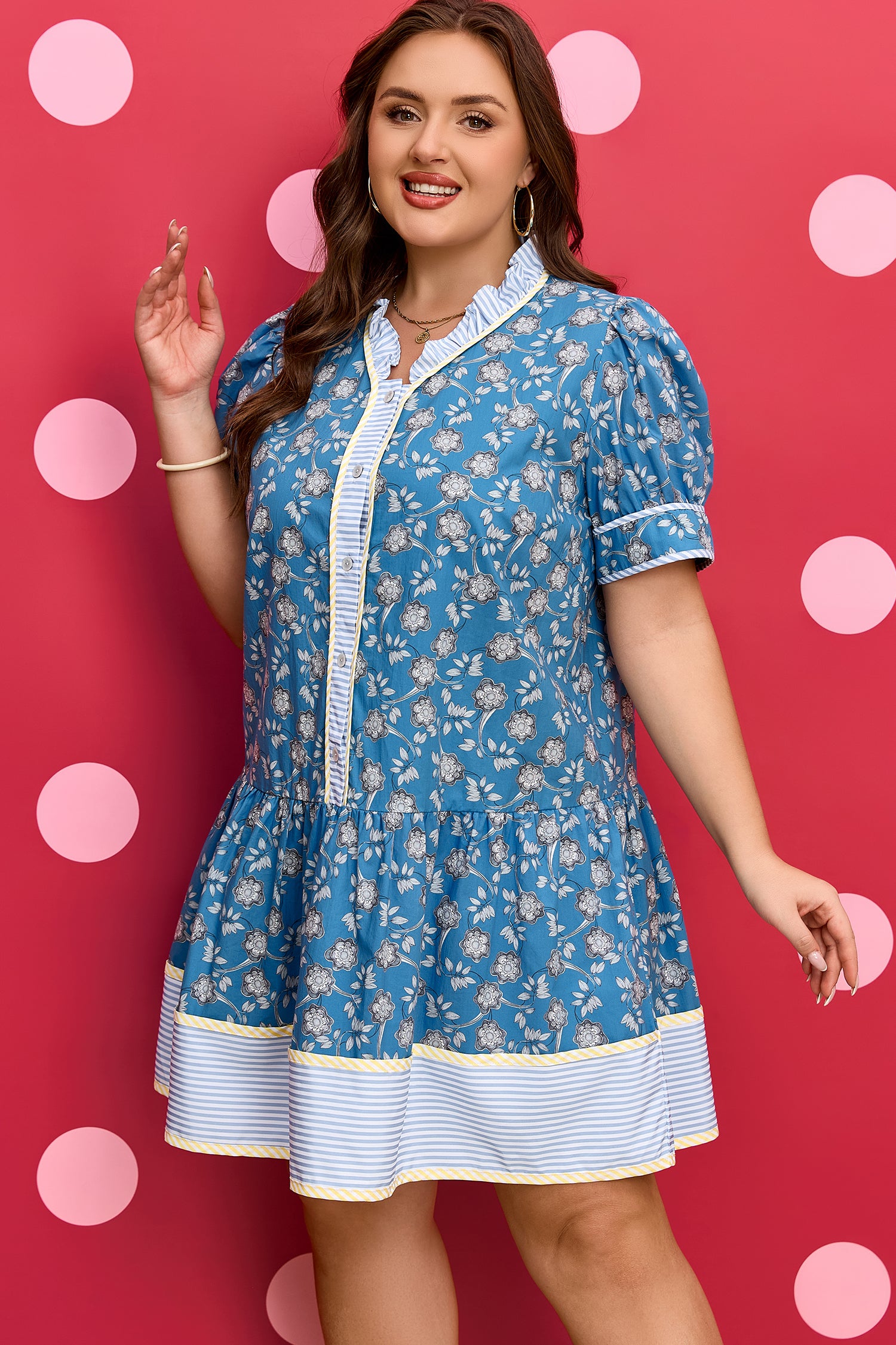 Blue Plus Size Floral Print Striped Patchwork Detail Button Front Ruffle Hem Dress