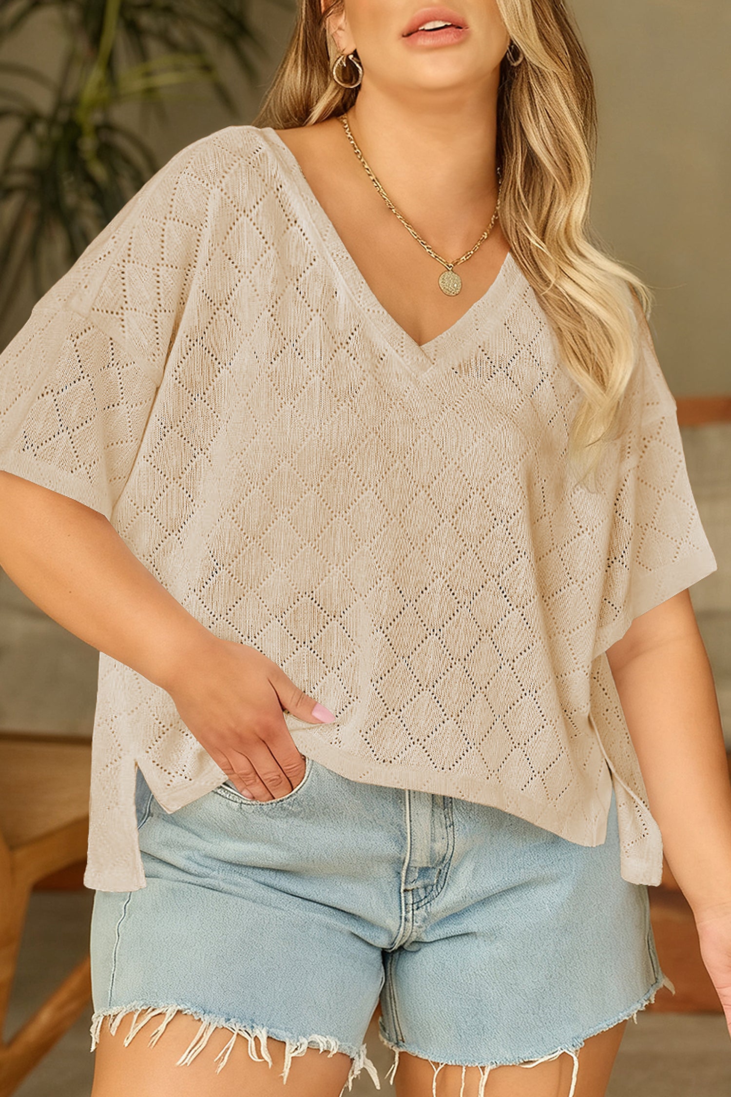 White Pointelle Rhombus Knit Plus Size V Neck Loose Top
