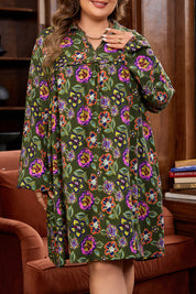 Green Plus Size Floral Print Collared V Neck Loose Mini Dress