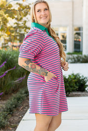Rose Stripe Collared V Neck Puff Sleeve Shift T Shirt Dress with Pockets
