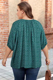 Black Boho Chic Notched V Neck Plus Floral Short Sleeve Top