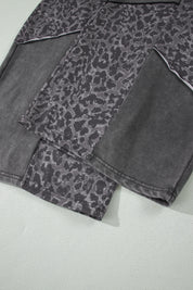 Dark Grey Plus Size Leopard Patchwork Mineral Wash Wide Leg Pants