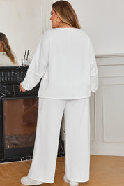 White Textured Raw Seam Plus Size Pullover Top and Drawstring Pants Set
