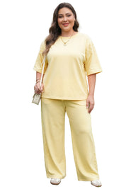 Yellow Cream Solid Color Eyelet Lace Panel Accent Plus Size 2pcs Outfit