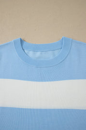 Sky Blue Stripe Colorblock Plus Size Short Sleeve Sweater