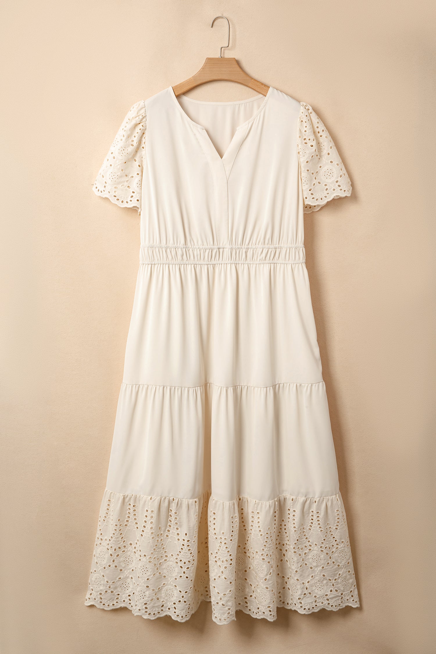 Apricot Plus Size V Neck Lacy Embroidery Patchwork Short Sleeve Maxi Dress
