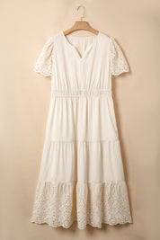 Apricot Plus Size V Neck Lacy Embroidery Patchwork Short Sleeve Maxi Dress