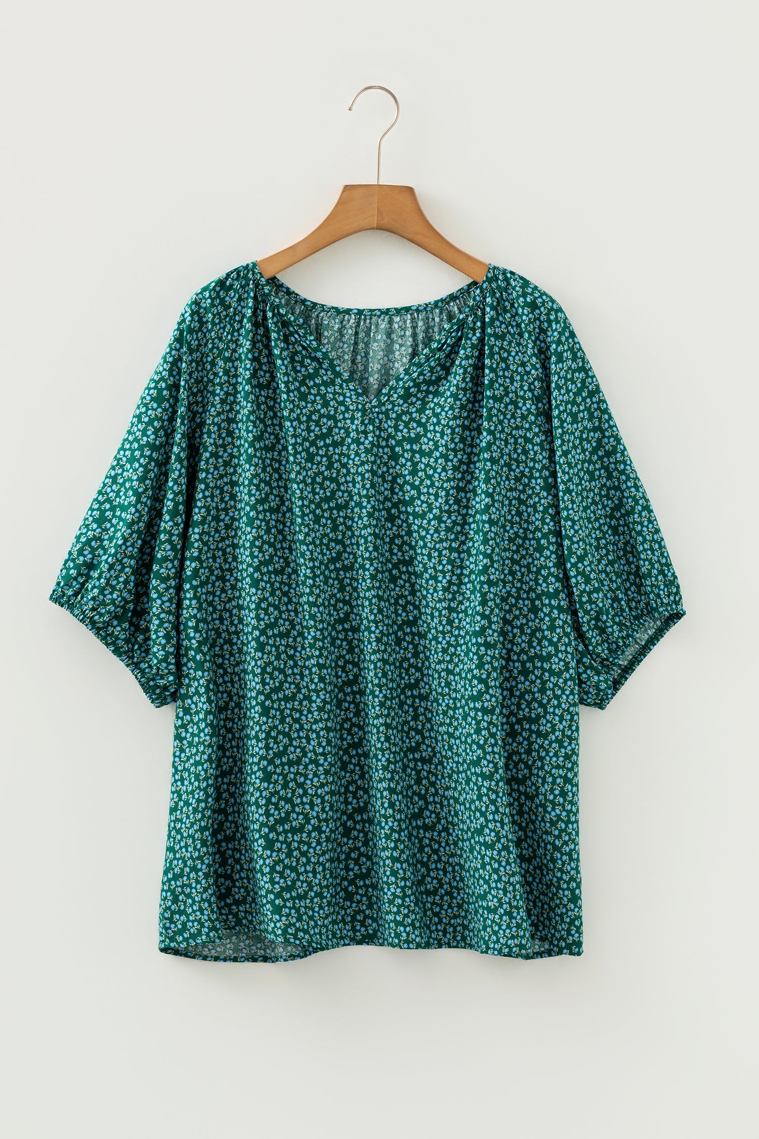 Black Boho Chic Notched V Neck Plus Floral Short Sleeve Top